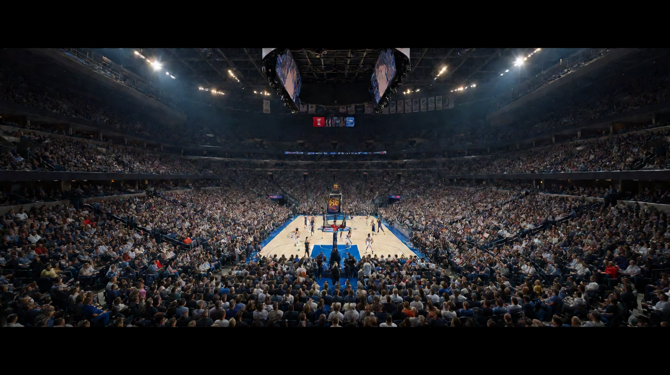 篮球场馆内正在进行NBA比赛，观众席座无虚席，灯光聚焦球场中央